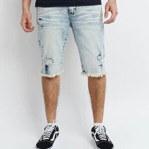 REASON Thatcher Distressed Light Wash Denim Short Size 34 Icy Blue